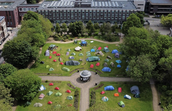 Drone image of an encampment at a university ground